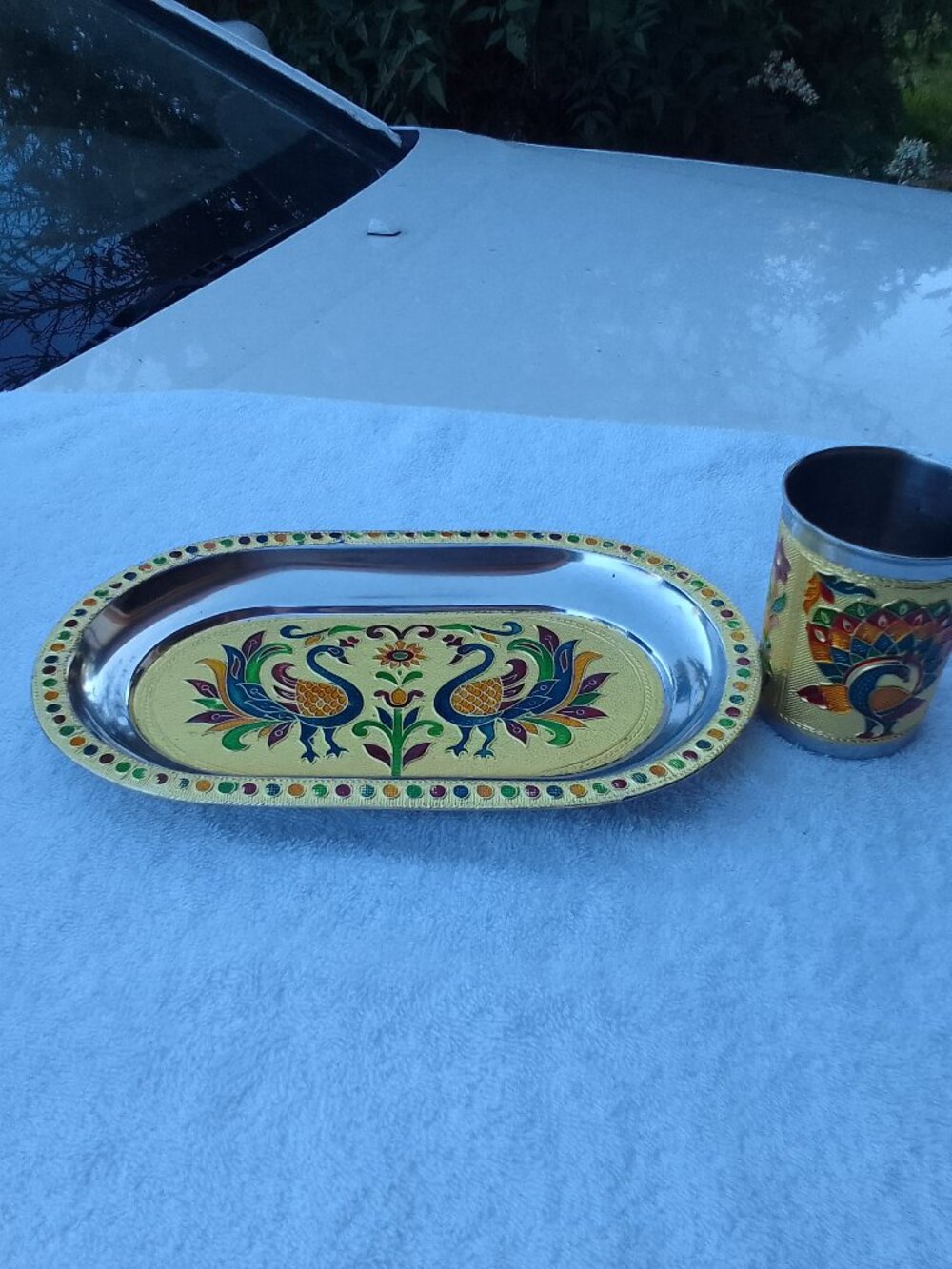 Luxury vintage cloisonne silver one-of-the-kind tray&cup collection brand new